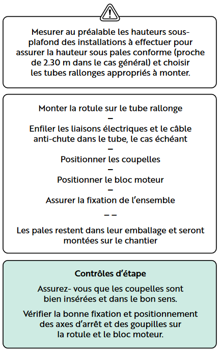 étapes du prémontage d'un brasseur d'air plafonnier (notice d'installation)